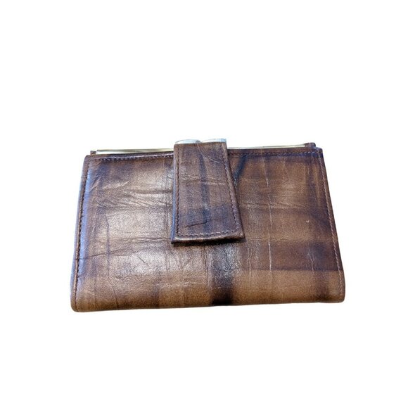 Vintage Wallet Cowhide Leather Womens Snap BiFold Brown Kiss Lock Change Western - Picture 1 of 9